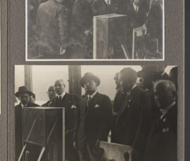 Benito Mussolini avvia l'impianto idrovoro, Guido Ucelli a destra nella foto