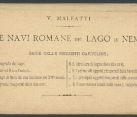 Busta contenente otto cartoline tratte dalla pubblicazione di Vittorio Malfatti, Le navi romane del lago di Nemi (Roma 1905)