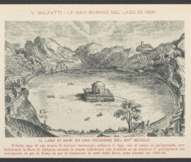 Riproduzione dell'incisione del fiammingo Galle che rappresenta il lago di Nemi con la nave di Caligola